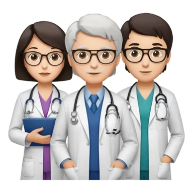 Four doctors standing together:

a female doctor with dark-colored short bob hair,

a young male doctor,

an older male doctor with white hair wearing glasses,

and a female doctor wearing glasses. sticker