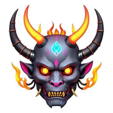 Cyberpunk Oni A futuristic demon with glowing neon tattoos, mechanical horns, and digital flames sticker