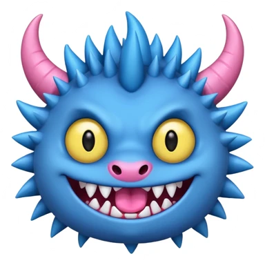 A blue monster with two small black horns, spiky fur, large round yellow eyes, a wide grin showing sharp teeth, and its tongue playfully sticking out to the side. sticker