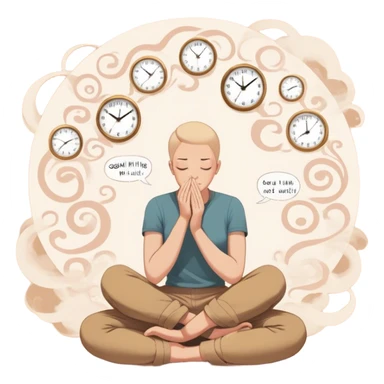 A person sits with their hands gently resting on their lap, eyes closed, exhaling slowly. Above them, a swirling thought bubble holds the words guilt and discomfort, but they don’t push it away—they just sit with it. In the background, a clock ticks softly, symbolizing the pause before responding.  sticker