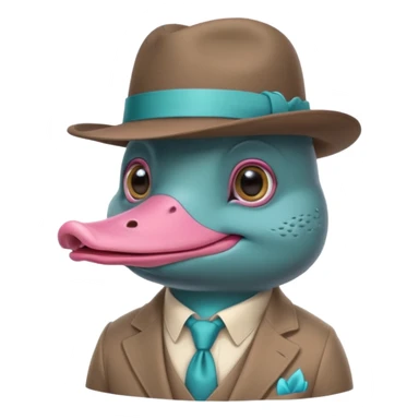 cute light blue turqiouse platypus head, smiling with big eyes with a detective hat and monocle on his eye, no  hands, looks like a platypus but blue, the hat and suit are pink sticker