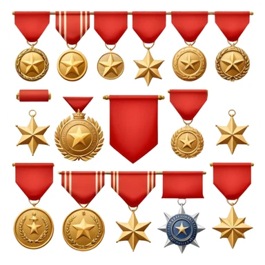 Icon for Collecting Orders, Medals & Badges: a variety of vintage orders, medals and badges, displayed neatly on a big red pennant or in a display case. The icon should reflect the honor and historical significance of these collectible items. Transparent background. sticker
