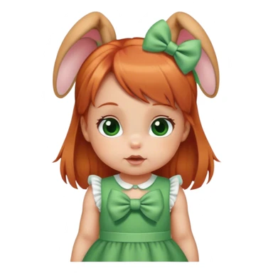 baby girl with  1 bunns bow   red blond mix hair  in green dress  sticker