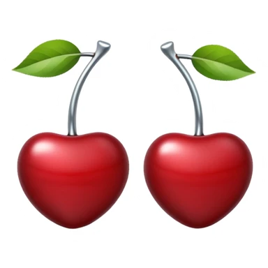 A pair of cherries emoji made of polished silver chrome, smooth rounded shapes, glossy metallic finish, soft highlights and reflections, cute proportions, iOS emoji style, centered, clean white background, no text sticker