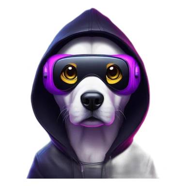 Russian dog wearing a black hoodie with "OMG" letters on it and VR headset in a cyberpunk VR environment with violet neon lighting. sticker