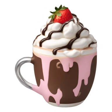 hot chocolate with mug and whip cream and chocolate drizzle and pale pink strawberry sticker