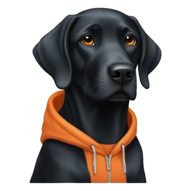 Black lab wearing a orange and blue hoodie  sticker