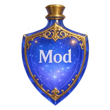 luxurious crystal elixir bottle in shield shape, color #7986cb, with inscription 'Mod', lots of glow, edges, ornaments, golden details, magical effects, very small golden neck, transparent background, beautiful seamless bottom, bottle clearly floating in air, no base or shadow, modern, fits collection sticker