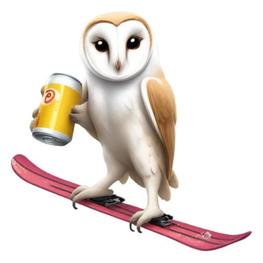 Barn owl skiing while holding a beer sticker