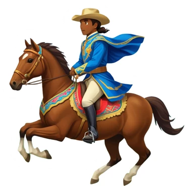 An icon showcasing a blue sky, distant mountains and a vibrant landscape. a majestic horse and rider in full gallop across a lush green field. The rider wears traditional gear, while the horse leaps with grace and power.  sticker