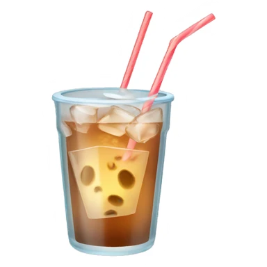 Clear glass cup with light brown drink, ice, and straw sticker