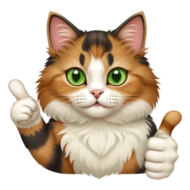 tricolor fluffy cat with big green eyes giving thumbs up sticker