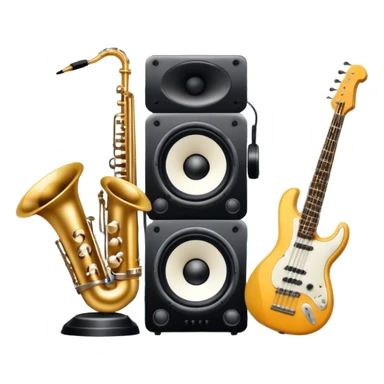 Icon for R&B Music Listening: large concert speakers and headphones with waves of musical notes coming out, along with drums and bass guitar and saxophone. The icon should convey the energetic and rhythmic vibe of R&B music. Transparent background sticker