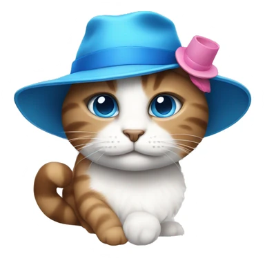 Brown and white cat with blue eyes with a pink hat sticker