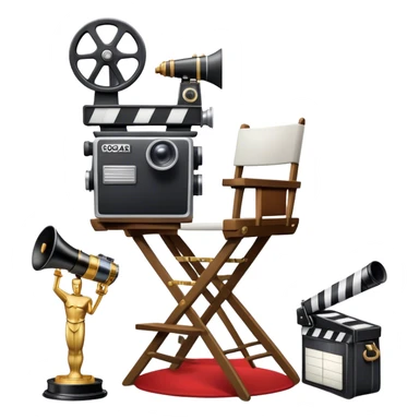 Icon for Directing: a director's chair, a large film camera, a megaphone, a stage set with lights and an Oscar statuette. The icon should represent the creative and leadership aspects of directing, with focus on film and theater production. Transparent background. sticker
