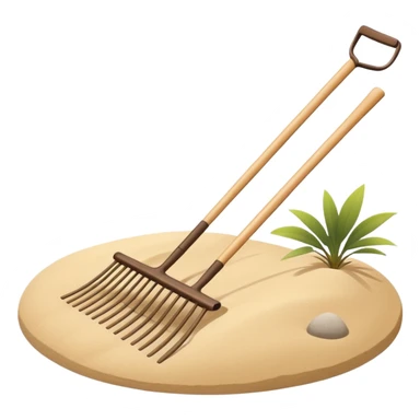 Minimalist emoji of a traditional Japanese zen garden rake (kumade) thin and balanced lines, natural light wood texture, soft sand-beige and warm neutral tones, flat vector style with subtle depth, centered composition, transparent background sticker