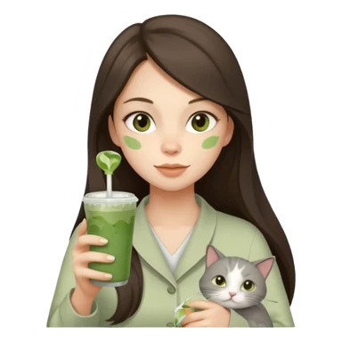 a brunette woman with long hair in here 30S drinking an iced matcha, carrying a grey cat and a map of the world sticker