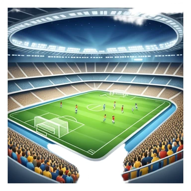 An icon featuring a large stadium with a football match in progress, players in action on the field, and a cheering crowd in the stands. Bright floodlights illuminate the pitch, creating an intense atmosphere of competition. The transparent background highlights the thrill of live sports events. sticker