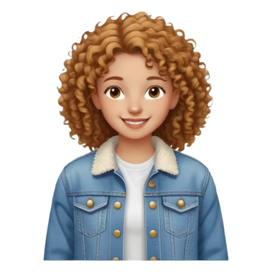 A half-body shot of a young girl with natural, curly hair and a radiant smile. She’s dressed in a casual white t-shirt and denim jacket, with a sunny outdoor background sticker