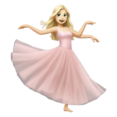 Realistic White woman with Long blonde straight hair and green eyes, full body wearing Long soft pink tiered tulle dress, dancing sticker