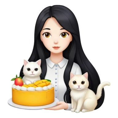 A beautiful girl with long black hair holding a mango cake and a white long-haired cat sticker