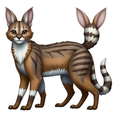 Realistic patterned marked edgy greyish blackish whitish silvery coppery Shiny Colorful Glossy Genet-Caracal-Lion-Bunny-Bobcat-fusion-animal-hybrid-creature, full body, big-tufted-bat-ears, long-thin-tufted-white-tipped-tail sticker