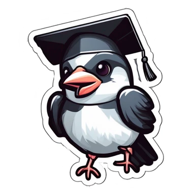 sticker: black and white sparrow with a square academic cap on his head laughs sticker