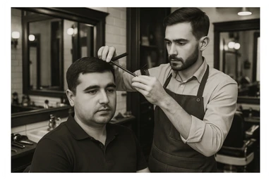 sartaroshxonada mijozlarni sochini olayotganin  tasvirlab ber juda yosh ham katta ham bo'lmasin semiz ham bo'lib ketmasin o'smirin davrini yuzi ko'rinmasin sticker