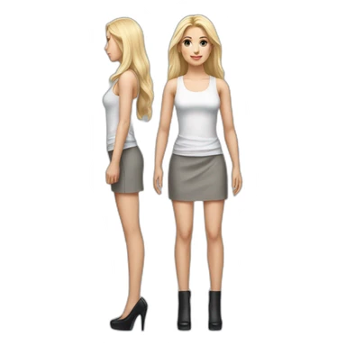 hyperrealist caucasian, long blonde hair, brown eyes, woman, white strap tank top, gray tight mini skirt, black high heels, full body sticker