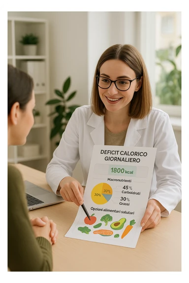 a nutritionist sits at a desk with a client, showing a personalized meal plan and a chart that clearly displays the client’s specific daily caloric deficit. The nutritionist points to the chart, which includes recommended calories, macronutrient breakdown, and healthy food options. The mood is professional, supportive, and educational. scritte in italiano sticker