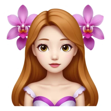 Asian girl with long golden brown hair white skin makeup natural with orchid white/pink only on her left ear, her dress is white  coquette  sticker