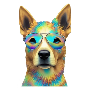 Multicolored rainbow retro groovy tie dye hippie trippy floral patterns on a metallic holographic iridescent blue dog face head unicorn sticker