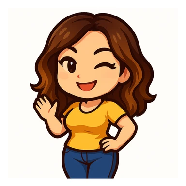 Create a chibi emote of a woman from the reference images with a slightly skinnier body and bigger chest, wearing a yellow t-shirt and blue jeans, winking, cute playful face, no headband, no wand, no green heart, transparent background, and top color not matching jeans, matching the attached green heart emote as a base style. sticker
