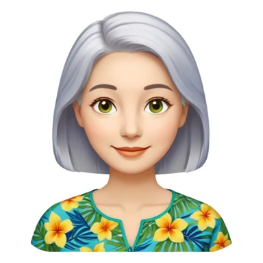 A woman with light complexion, an oval face with soft rounded features, full cheeks, gentle almond-shaped eyes with subtle smile lines, silver-gray hair parted to the side and styled loosely, wearing a vibrant tropical print blouse in blue, green, and yellow, exuding warmth and joy. sticker