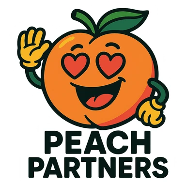 friendly peach mascot for 'Peach Partners' logo, vibrant colors, cheerful expression, peach with heart-shaped eyes sticker