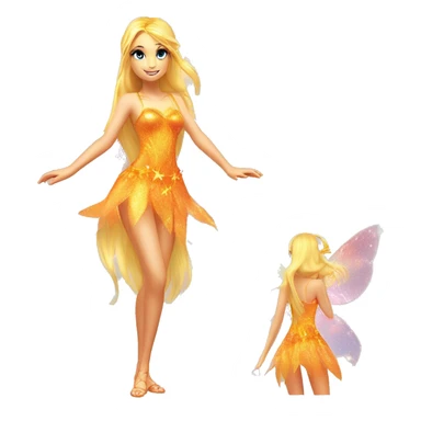 Stella adult fairy of the sun and the moon in her enchantix fairy orange two-piece clothing and fairy enchantix wings and long blonde hair from winx club. Lots of sparkles and fairydust. Full body pic and full fairy bliss sticker