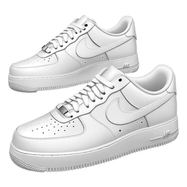 A pair of all-white Nike Air Force 1 sneakers positioned with one behind the other, clean white leather, classic AF1 silhouette, chunky sole sticker