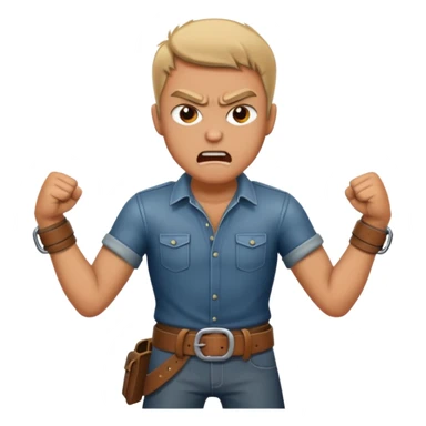 a angry man to the side slanging back and forth a belt sticker