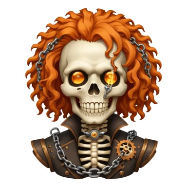 steam-punk Megadeth iconic skeleton mascot with a rusty chain in his teeth, huge curly orange hair sticker