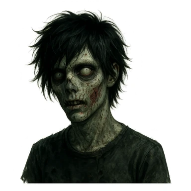 zombie boy with messy black hair, emo style, medium length, eerie and unsettling look sticker