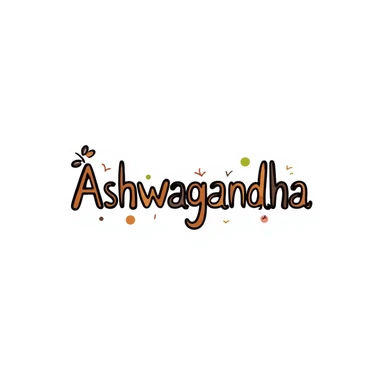 The word "Ashwagandha" hand-drawn in a warm earthy color palette with browns, oranges, and subtle greens. Simple doodle style with minimal decoration. sticker
