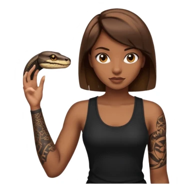 Femme brune yeux marron avec une coupe carré noir qui descend sur l'épaule , femme couleur de peau typé, avec un cobra a côté , débardeur noir , avec un tatouage sur le bras droit sticker
