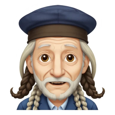 Jewish elderly man emoji with long dread hair on the sides and jewish hat, long big nose and crooked teeth sticker