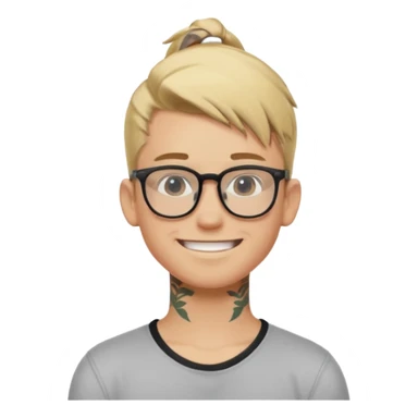 blond hair teen boy pony tail undercut with tattoo on his neck, wearing glasses, strong built, smile warmly  sticker