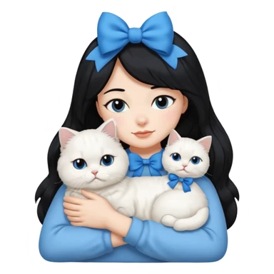black hair woman snuggling white Persian cat with a blue bow sticker