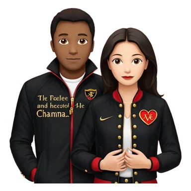 Crie um motoqueiro de jaqueta preta junto com uma mulher de jaqueta preta com um símbolo de um coração vermelho com chama vermelha e letras HL escrito em dourado dentro do coração vermelho, a mulher abraçado ao motoqueiro os dois de costas na moto Harley Davidson vermelha  sticker