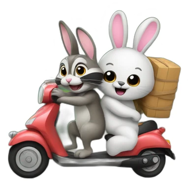 bunny giving a ride to raccoon both on a scooter sticker