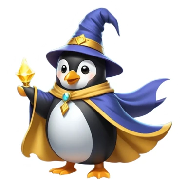 "A wizard penguin with a yellow hat and a long, flowing cape. The penguin is floating slightly above the ground, surrounded by swirling magical energy and glowing runes in the airyellow wizard hat sticker