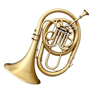 Create an elegant and refined emoji representing the Arnolds & Sons AHR-563-TERRA horn. The design should feature the intricate, shiny brass body of the horn with its signature wide bell and beautifully coiled tubing. The horn should be highly polished with subtle accents that reflect its craftsmanship. Use golden brass tones and light reflections to highlight the luxury and sophistication of the instrument. Add delicate musical notes to evoke its melodic sound. The background should be transparent. sticker