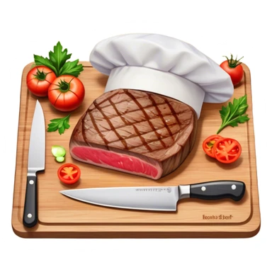 A photorealistic icon featuring a chef's hat, a cutting board with fresh ingredients, a knife, a plate with a well-plated dish, and a beautiful ribeye beef steak. Bright, detailed design with realistic textures and lighting. Transparent background, clearly symbolizing cooking and culinary arts. sticker